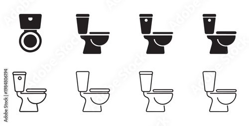 Set of Toilet Bowl Icons in Solid and Outline Style for Bathroom Design