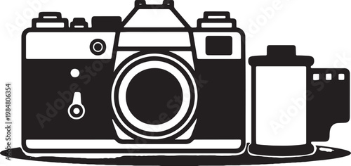 Iconic vintage film camera with a roll of exposed photographic film isolated on transparent background