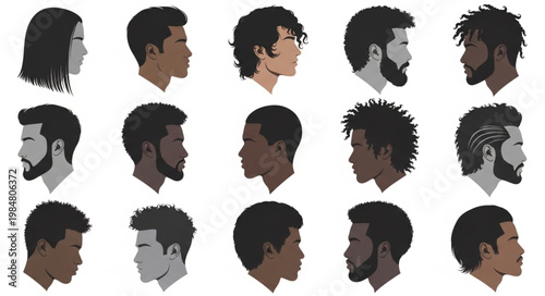 Set of Diverse Male Profile Head Illustrations.