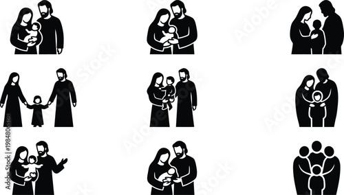 Holy Family silhouette icons set, Nativity scene religious vector elements, Mary Joseph and baby Jesus illustrations, Christian Christmas graphics