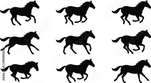 Galloping horse silhouette collection, set of 9 running stallion vector icons, black equine animal shapes in motion, wild mustang sprint poses