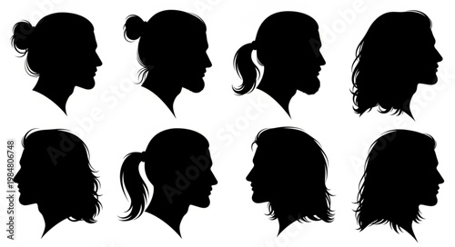 Set of Eight Female Profile Silhouette Head Portraits.
