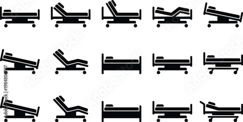 Medical hospital bed icons set, adjustable clinic patient beds in various positions, black silhouette healthcare furniture vector elements