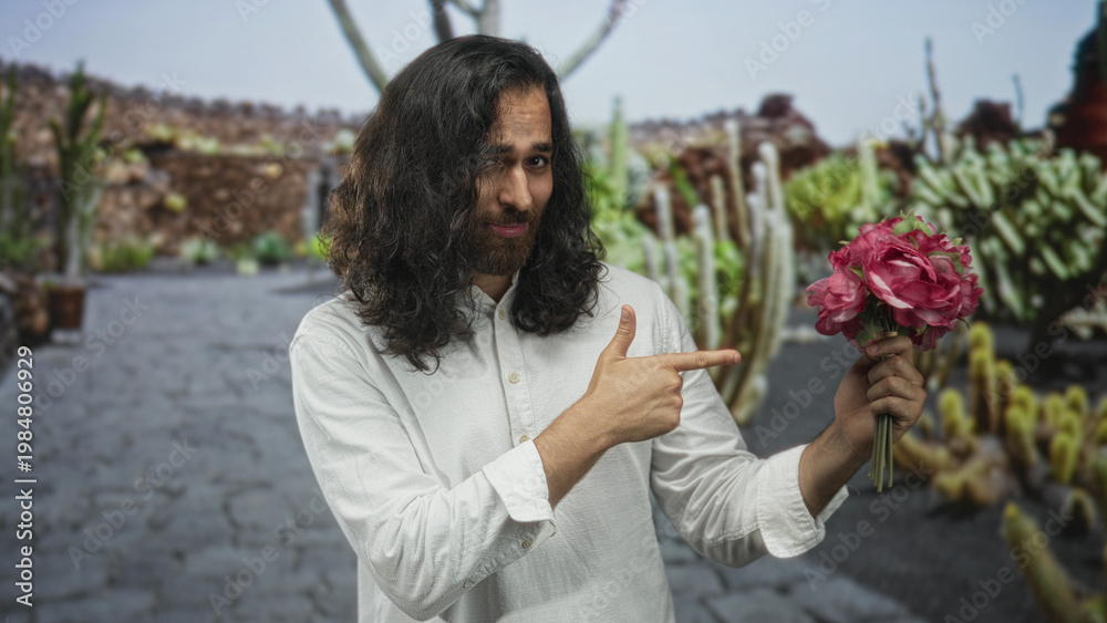 Fototapeta premium Man smiles and points finger to bouquet of pink flowers in park among cacti and stone path; romance playful charm.