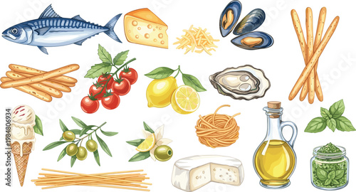 Illustration of Italian Ingredients Including Fish, Cheese, Pasta, Olive Oil, and Fresh Herbs for Culinary, Mediterranean, and Food Designs