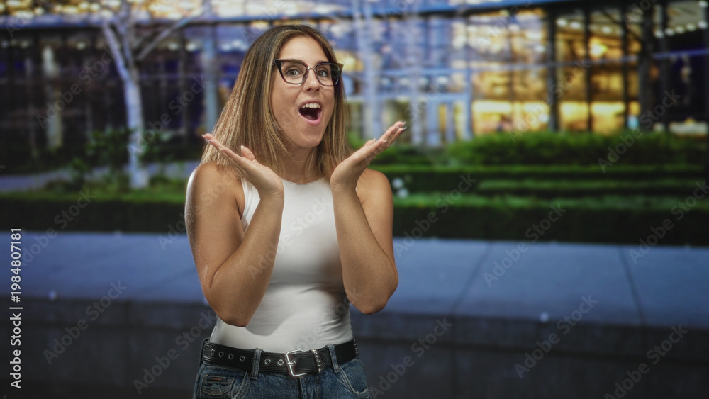 Fototapeta premium Woman with raised open hands and surprised open mouth looking sideways in front of a lit glass building facade at night; surprise.