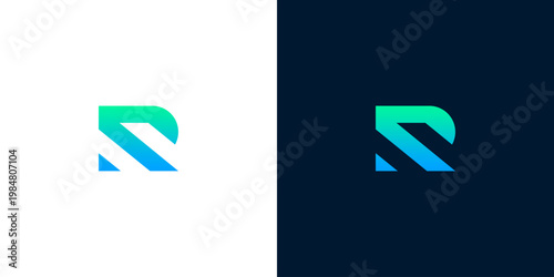 Modern letter R logo icon design in blue and green gradient on white and dark backgrounds