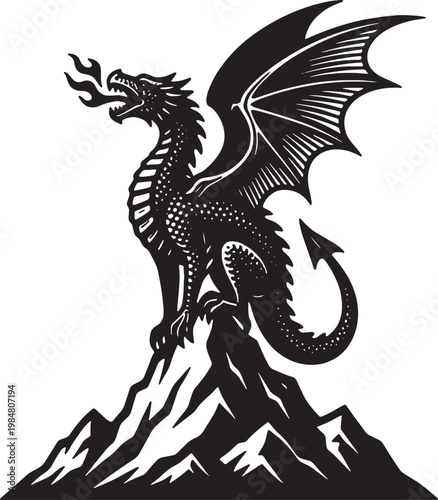 Mythical black dragon with wings spread standing on mountain peak breathing fire isolated on transparent background