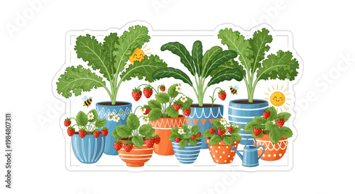 colorful potted plants and strawberries illustration