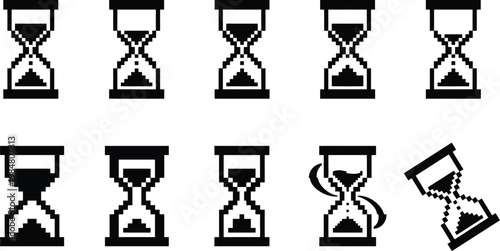 Pixel art hourglass icon set, retro 8-bit sand timer collection, black and white computer cursor symbols for loading and waiting progress