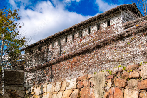 岡山県岡山市 青空の下にそびえる岡山城石山門跡の石垣と狭間のある城壁