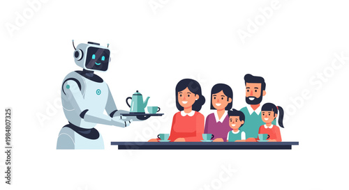 Robot serving family tea cartoon style illustration