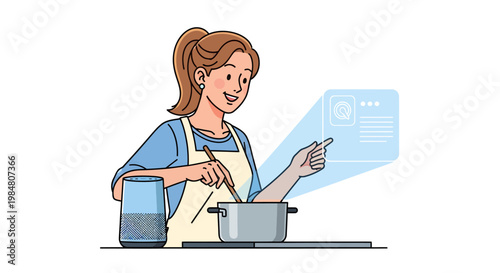 Woman cooking in kitchen with recipe and utensils