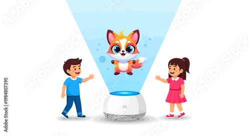 Kids interacting with holographic fox projection technology