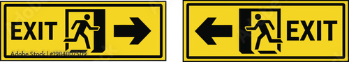 Yellow emergency exit signs showing black arrow and walking man icon