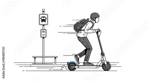 Man riding electric scooter near bus stop, urban commute