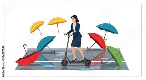 Businesswoman riding scooter on rainy day with colorful umbrellas