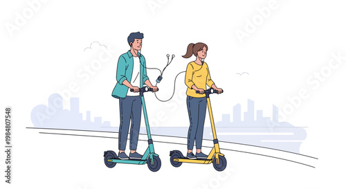 Couple riding electric scooters in city, urban transportation
