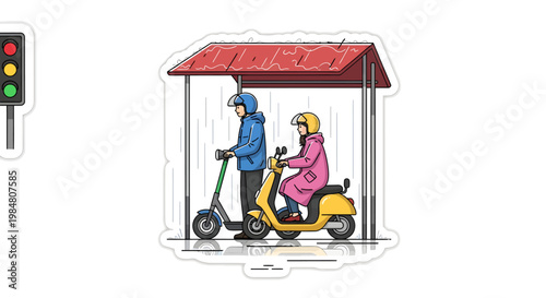 Couple on scooters at rainy bus stop with traffic light