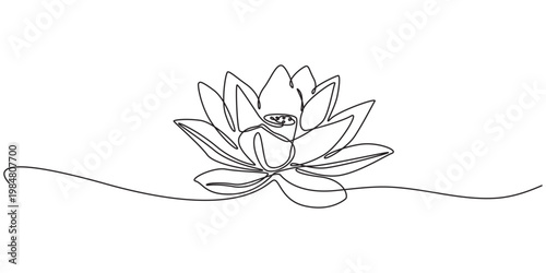Lotus flower continuous one line drawing. Wellness concept in simple linear style. Continuous one line drawing of a lotus bud on white background vector illustration.