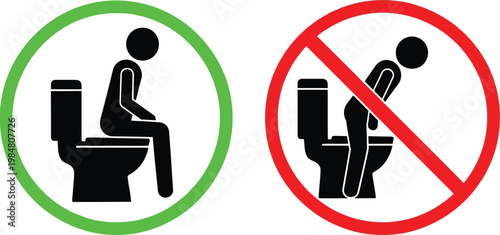 Correct and incorrect toilet usage signs on transparent background