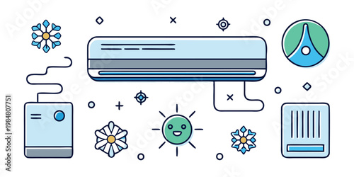 Air conditioning vector design with sun and flowers elements