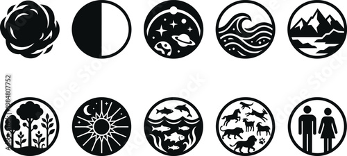 Minimalist nature icons set, black and white environment symbols, 10 circular vector elements representing earth, space, wildlife, and humanity
