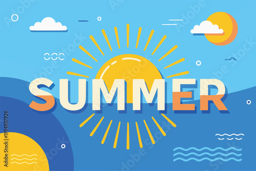 Bright sun and waves create a summer scene in vector style
