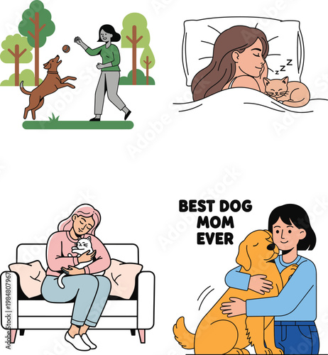 Woman playing ball with dog in park and girl sleeping with cat in bed scenes.