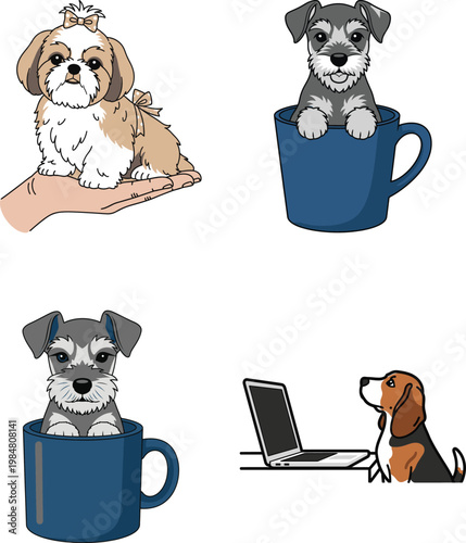Cartoon schnauzer and shih tzu puppies sitting in mugs and hand vector set art.