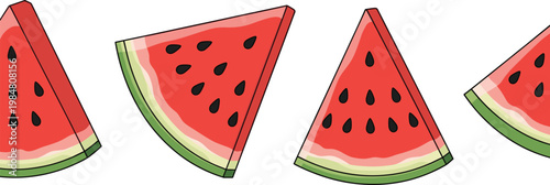 Fresh Sliced Watermelon Collection Featuring Four Juicy Red Triangle Fruit Pieces with Black Seeds and Green Rind for Summer Food and Tropical Design