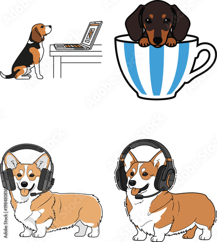 Corgi wearing headphones and dachshund in teacup with beagle on laptop vector.