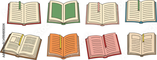 Colorful Open Book Collection Featuring Eight Vintage Style Reading Books with Bookmarks and Various Cover Colors for Education and Library Concept Design