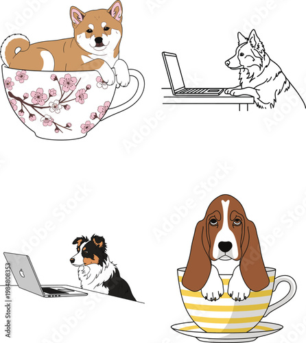 Cute puppies in teacups, shiba inu, collie puppy on laptop vector illustration.