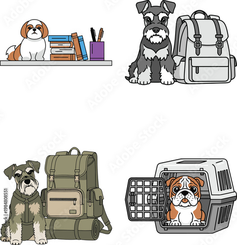 Dog on shelf with books, schnauzer with backpack, schnauzer near travel bag, bulldog in pet carrier.