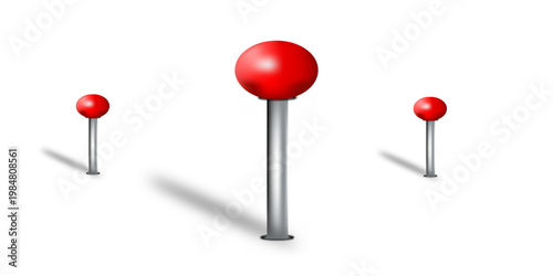 Realistic red push pins. Board tacks isolated on white background. Plastic pushpin with needle. Vector illustration.