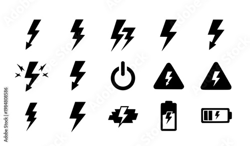 Lightning bolt silhouette icon set vector with electric power energy symbols in bold solid style for UI and warning design