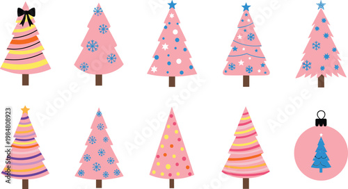 Cute Pink Christmas Tree Collection Featuring Nine Decorated Holiday Trees and Ornament Ball with Snowflakes Stars and Dots for Festive Winter Design