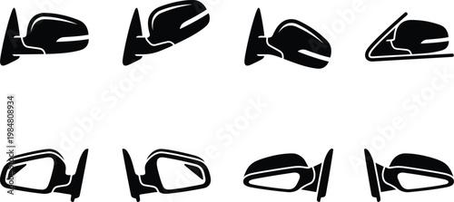Car side mirror icon set, black silhouette automotive wing mirror vector collection, vehicle exterior door mirror symbols for repair and maintenance