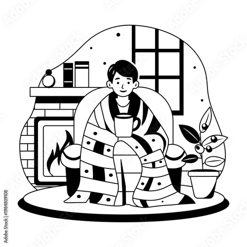 A glyph style illustration showing a cozy room 
