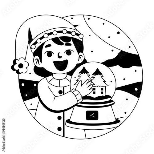 A glyph style illustration showing a kid holding a winter globe 
