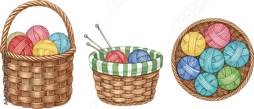 Illustration of Yarn Balls in Baskets with Knitting Needles for Crafting, Knitting, and DIY Designs