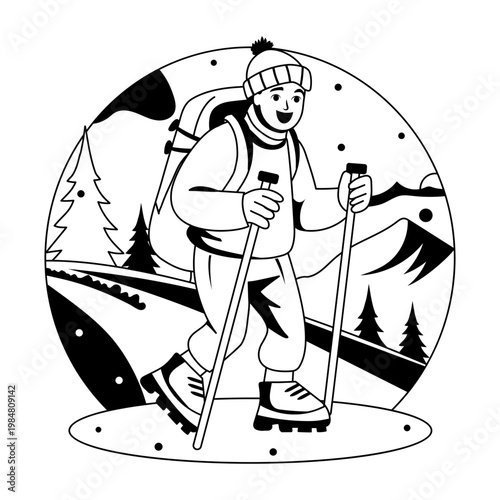 A glyph style illustration showing a person doing winter hiking 
