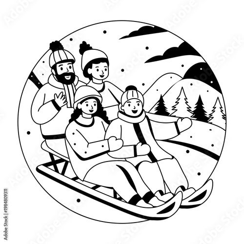 A glyph style illustration showing a family enjoying sledding hill 
