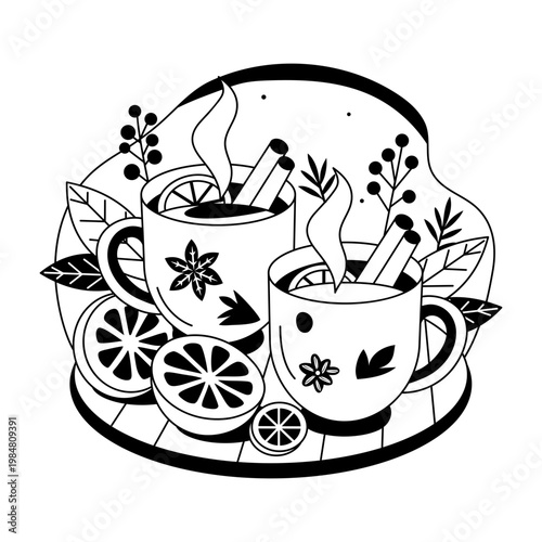 A glyph style illustration showing spice tea 
