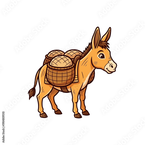 A cartoon illustration of a brown donkey carrying two large baskets filled with goods on its back.