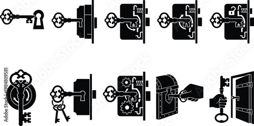 Vintage skeleton key and lock mechanism icons, antique door hardware and chest security set, black silhouette lock picking and unlocking vector