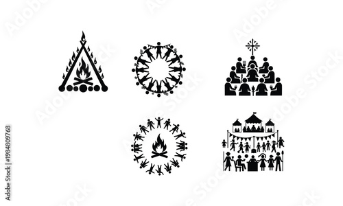 Symbolic illustrations of community gatherings and cultural traditions around fire and unity