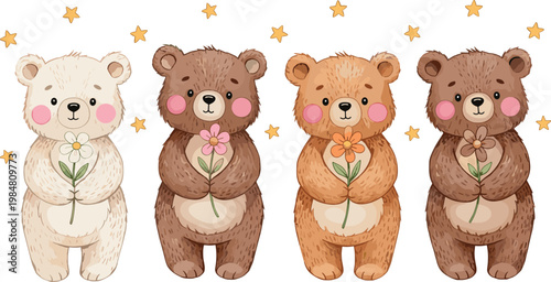 Cute Illustration of Bears Holding Flowers with Stars for Baby, Spring, and Animal Lover Designs