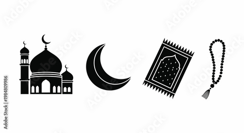 Islamic Religion Icon Set - Mosque Crescent Moon Prayer Mat Rosary Beads Black Silhouette Vector
